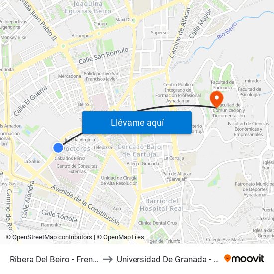 Ribera Del Beiro - Frente Mondragones to Universidad De Granada - Campus De Cartuja map