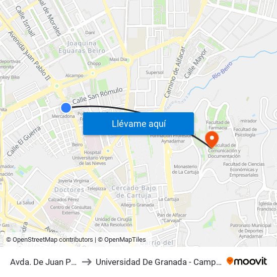 Avda. De Juan Pablo II 2 to Universidad De Granada - Campus De Cartuja map
