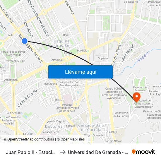 Juan Pablo II - Estación De Autobuses to Universidad De Granada - Campus De Cartuja map