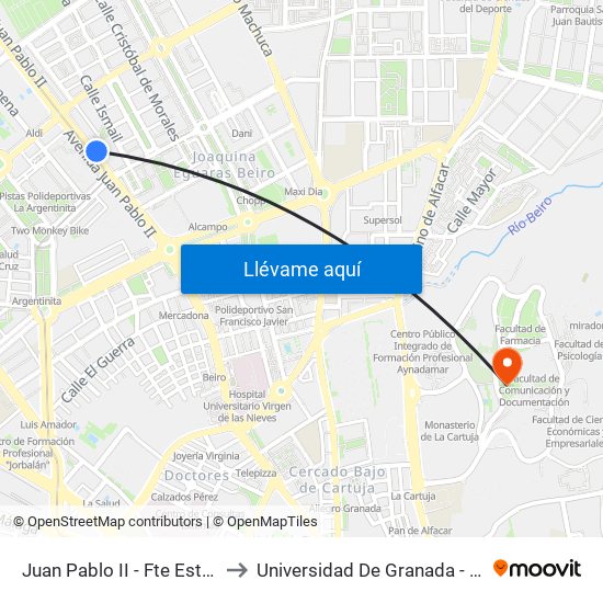 Juan Pablo II - Fte Estación Autobuses to Universidad De Granada - Campus De Cartuja map