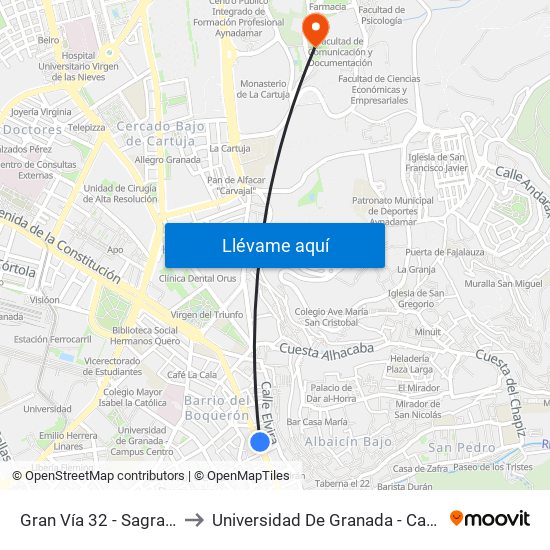 Gran Vía 32 - Sagrado Corazón to Universidad De Granada - Campus De Cartuja map
