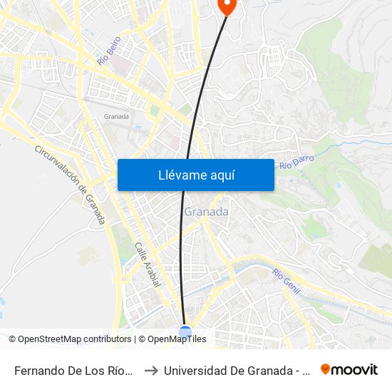 Fernando De Los Ríos - Av. Barcelona to Universidad De Granada - Campus De Cartuja map