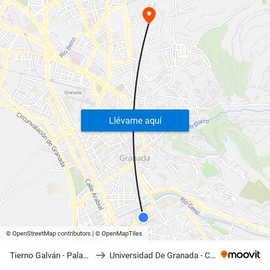 Tierno Galván - Palacio Congresos to Universidad De Granada - Campus De Cartuja map
