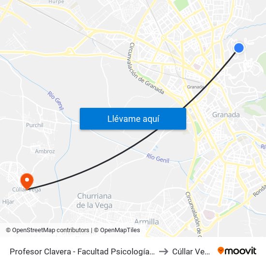 Profesor Clavera - Facultad Psicología 1 to Cúllar Vega map