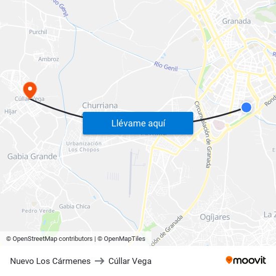 Nuevo Los Cármenes to Cúllar Vega map