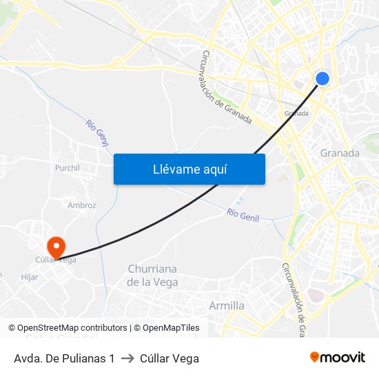 Avda. De Pulianas 1 to Cúllar Vega map