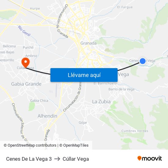 Cenes De La Vega 3 to Cúllar Vega map