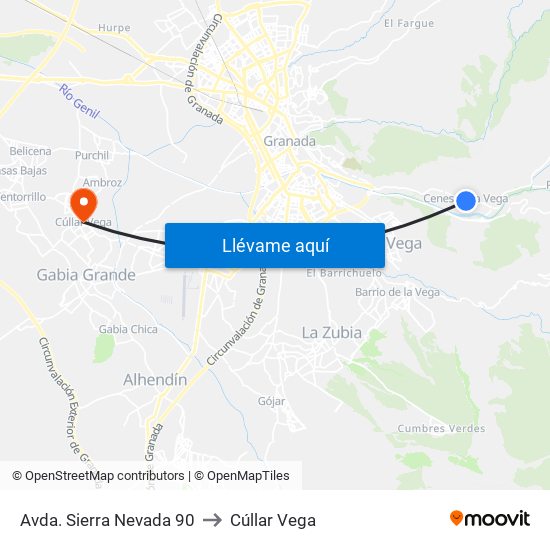 Avda. Sierra Nevada 90 to Cúllar Vega map