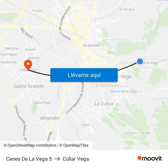 Cenes De La Vega 5 to Cúllar Vega map