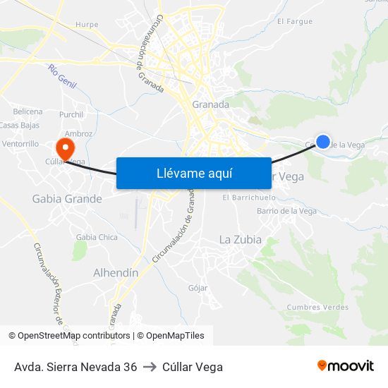 Avda. Sierra Nevada 36 to Cúllar Vega map