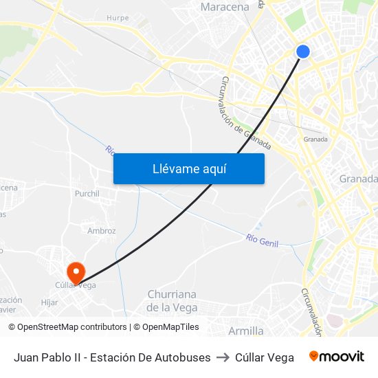 Juan Pablo II - Estación De Autobuses to Cúllar Vega map