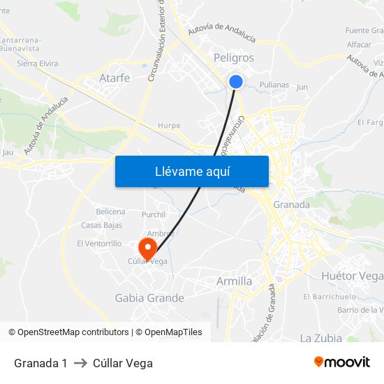Granada 1 to Cúllar Vega map