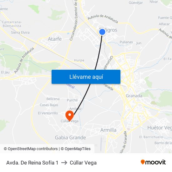 Avda. De Reina Sofía 1 to Cúllar Vega map