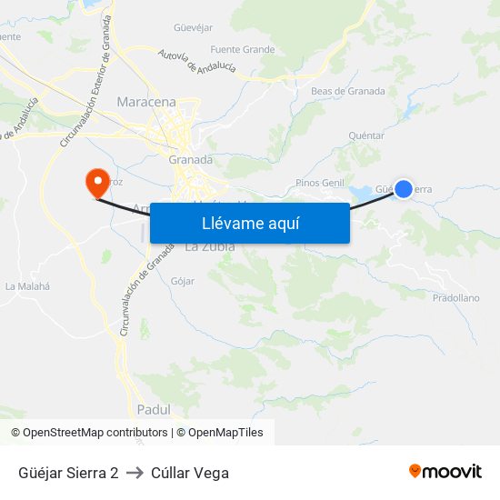 Güéjar Sierra 2 to Cúllar Vega map