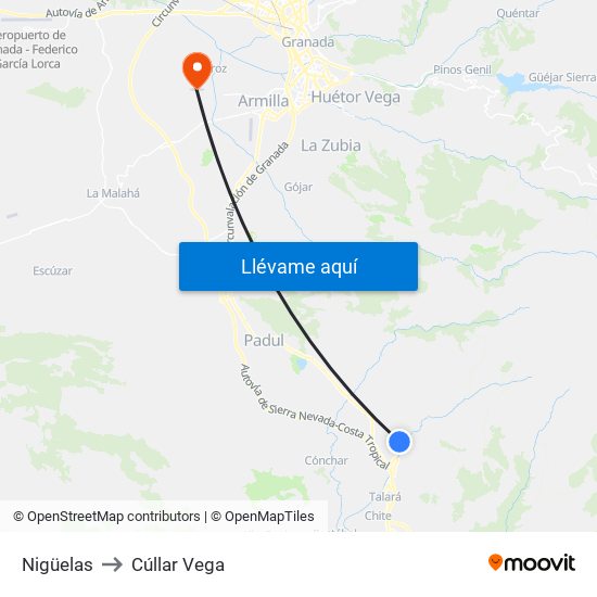 Nigüelas to Cúllar Vega map