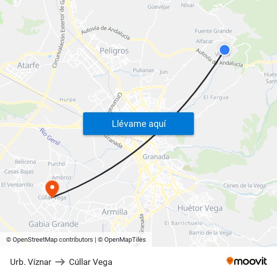 Urb. Víznar to Cúllar Vega map