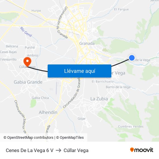 Cenes De La Vega 6 V to Cúllar Vega map
