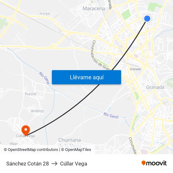 Sánchez Cotán 28 to Cúllar Vega map