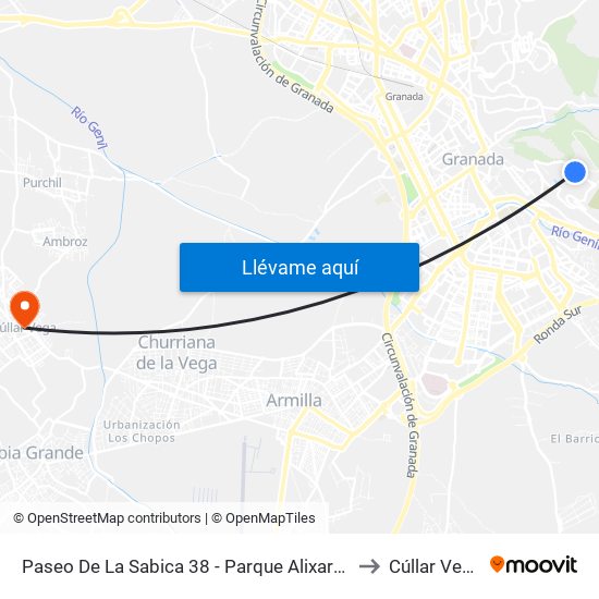 Paseo De La Sabica 38 - Parque Alixares to Cúllar Vega map