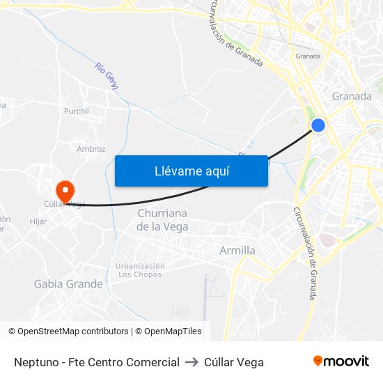 Neptuno - Fte Centro Comercial to Cúllar Vega map