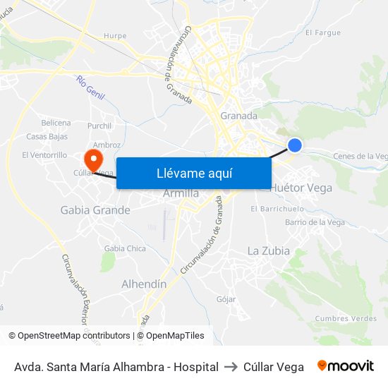 Avda. Santa María Alhambra - Hospital to Cúllar Vega map