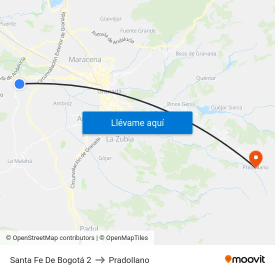 Santa Fe De Bogotá 2 to Pradollano map