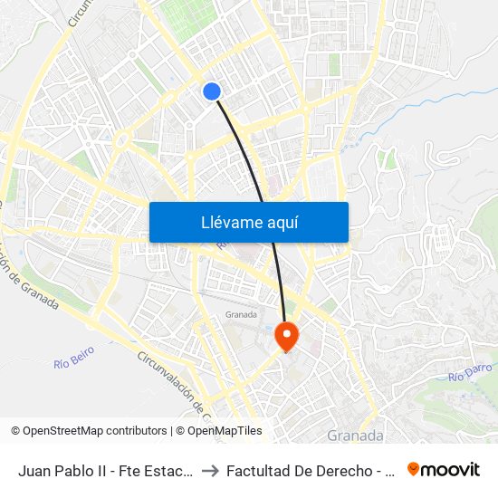 Juan Pablo II - Fte Estación Autobuses to Factultad De Derecho - Edificio Aulario map