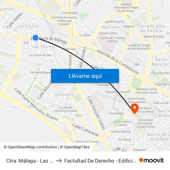 Ctra. Málaga - Las Torres to Factultad De Derecho - Edificio Aulario map
