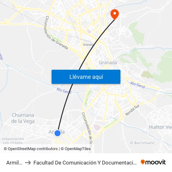 Armilla to Facultad De Comunicación Y Documentación map