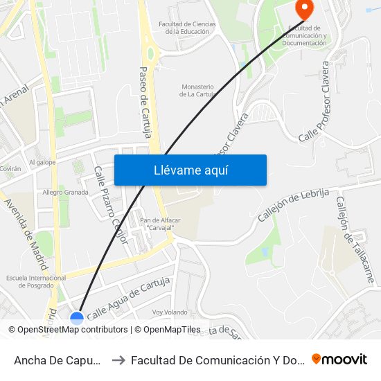 Ancha De Capuchinos 1 to Facultad De Comunicación Y Documentación map