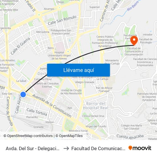 Avda. Del Sur - Delegación Provincial De Salud to Facultad De Comunicación Y Documentación map