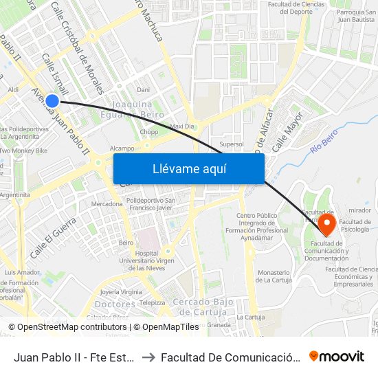 Juan Pablo II - Fte Estación Autobuses to Facultad De Comunicación Y Documentación map