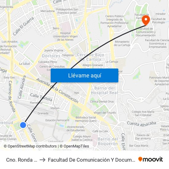 Cno. Ronda 184 to Facultad De Comunicación Y Documentación map