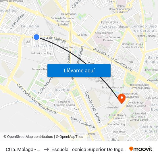 Ctra. Málaga - Las Torres to Escuela Técnica Superior De Ingeniería De Edificación map