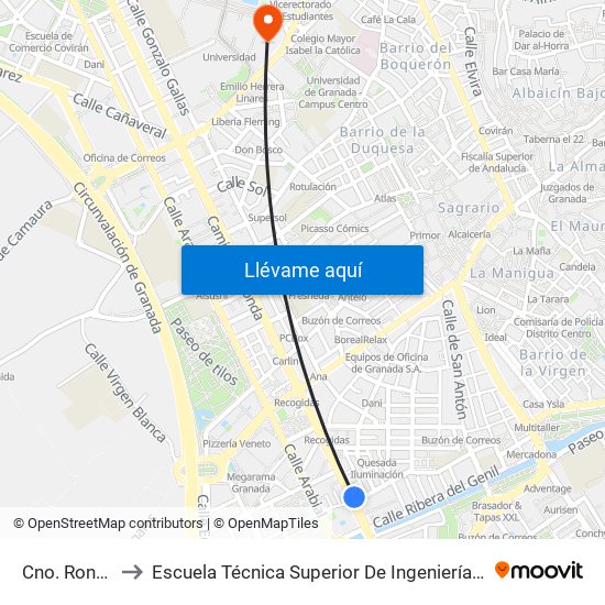 Cno. Ronda 38 to Escuela Técnica Superior De Ingeniería De Edificación map