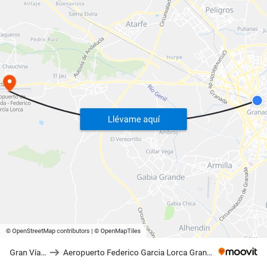 Gran Vía 54 to Aeropuerto Federico Garcia Lorca Granada-Jaén map