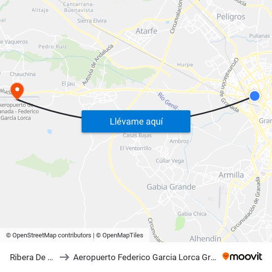 Ribera De Beiro to Aeropuerto Federico Garcia Lorca Granada-Jaén map