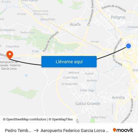 Pedro Temboury 1 to Aeropuerto Federico Garcia Lorca Granada-Jaén map