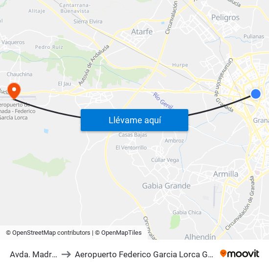 Avda. Madrid 23 to Aeropuerto Federico Garcia Lorca Granada-Jaén map