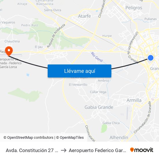 Avda. Constitución 27 - Estación Ferrocarril to Aeropuerto Federico Garcia Lorca Granada-Jaén map