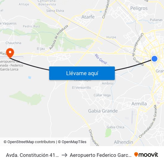 Avda. Constitución 41 - Caleta - Juzgados to Aeropuerto Federico Garcia Lorca Granada-Jaén map