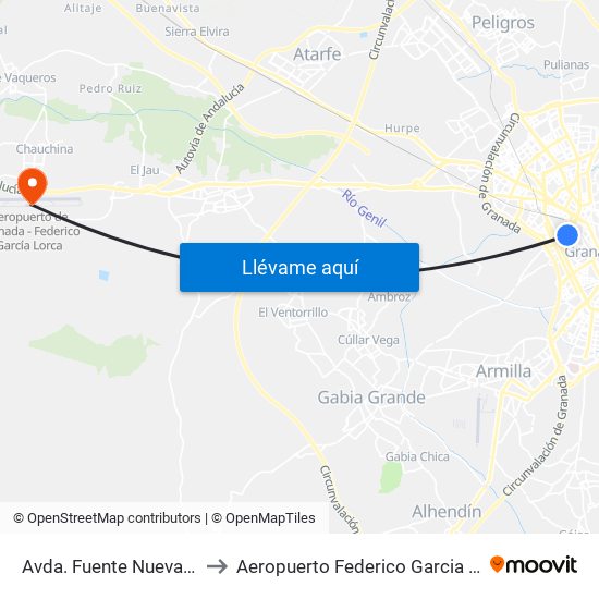 Avda. Fuente Nueva 5 - Universidad to Aeropuerto Federico Garcia Lorca Granada-Jaén map