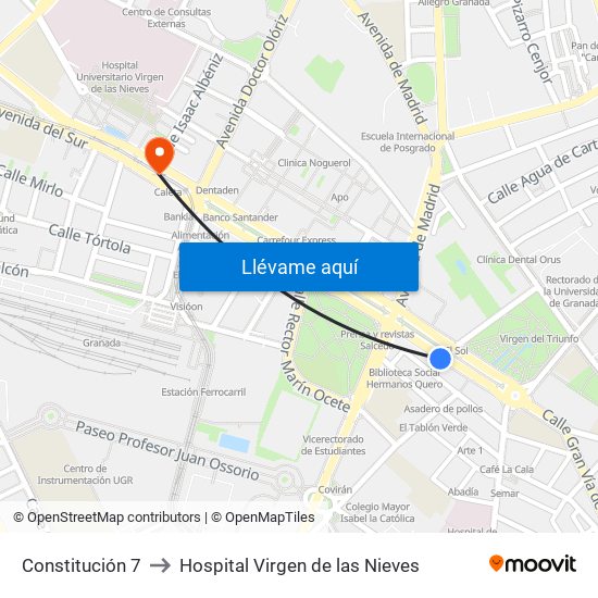 Constitución 7 to Hospital Virgen de las Nieves map