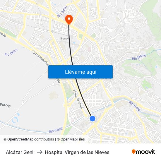 Alcázar Genil to Hospital Virgen de las Nieves map