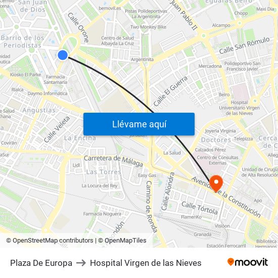 Plaza De Europa to Hospital Virgen de las Nieves map