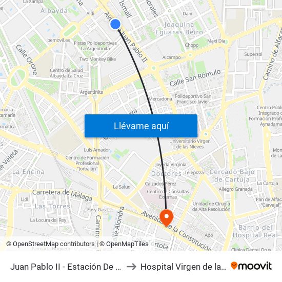 Juan Pablo II - Estación De Autobuses to Hospital Virgen de las Nieves map