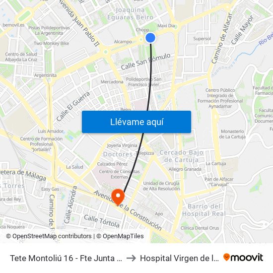 Tete Montoliú 16 - Fte Junta De Andalucía to Hospital Virgen de las Nieves map