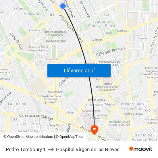 Pedro Temboury 1 to Hospital Virgen de las Nieves map