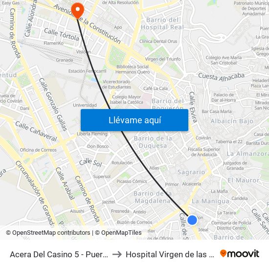 Acera Del Casino 5 - Puerta Real to Hospital Virgen de las Nieves map