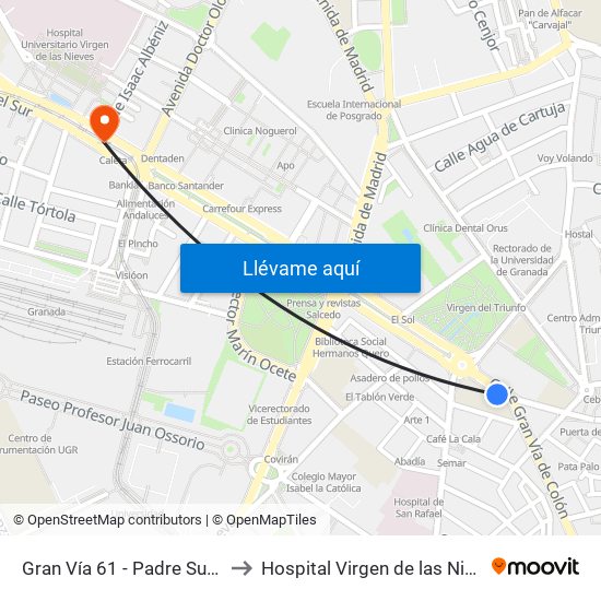 Gran Vía 61 - Padre Suárez to Hospital Virgen de las Nieves map